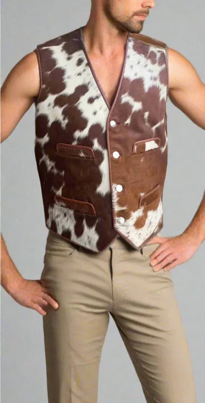 Mens Cow Skin Vest Brown White Cowhide Vest