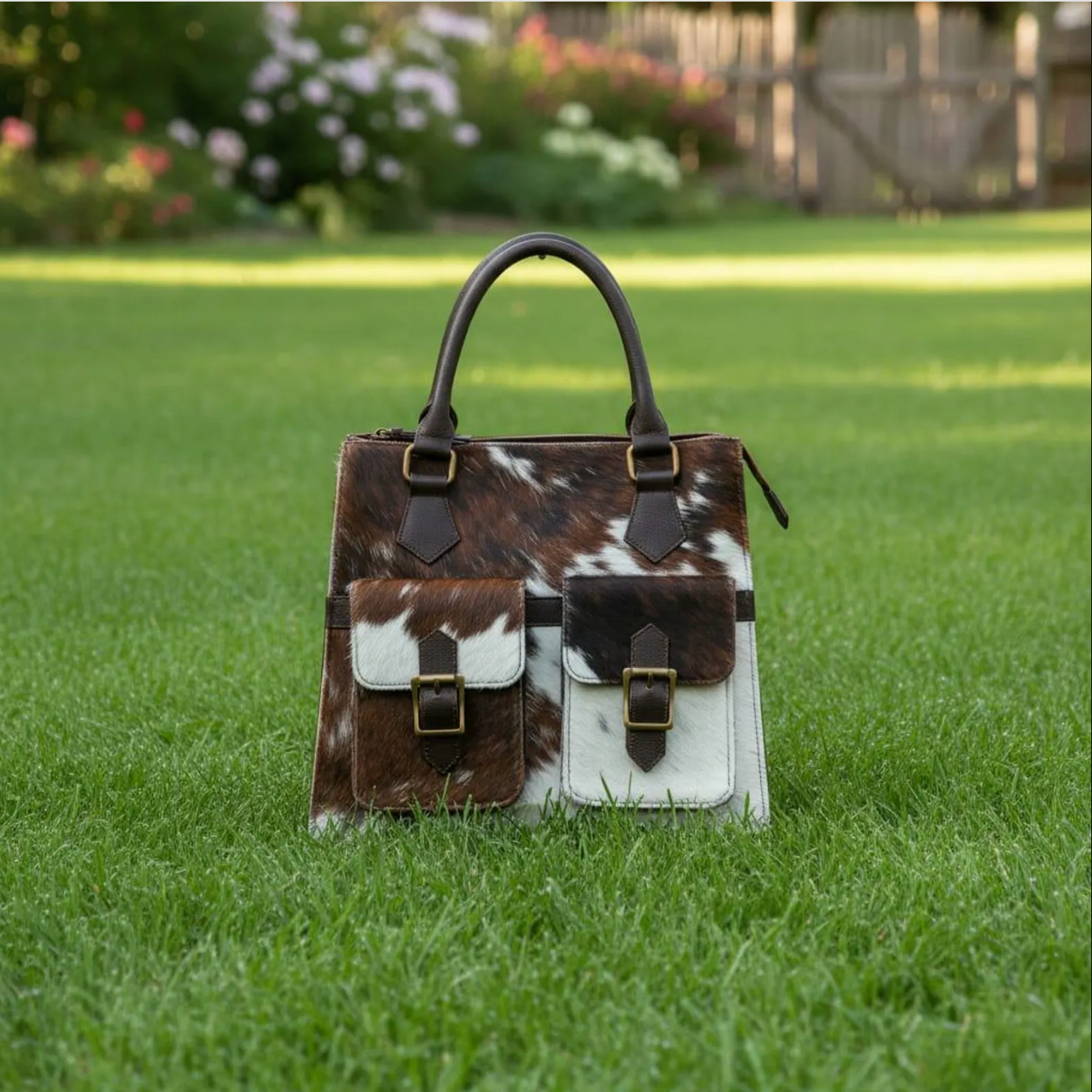 Brown white cowhide pocket tote bag