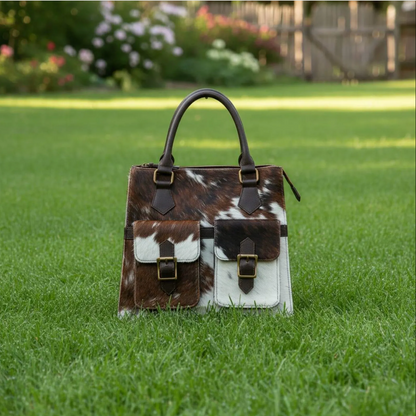 Brown white cowhide pocket tote bag