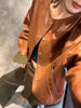 women leather jacket with round neck snap buttons