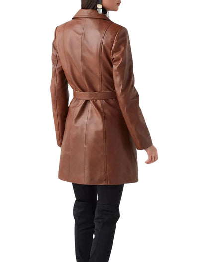 Brown Leather Trench Coat for Women Long Belted