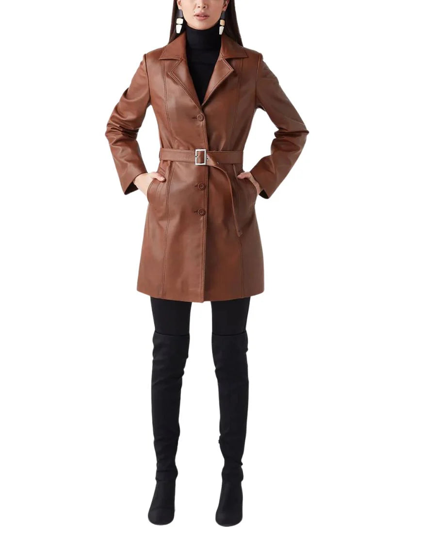 Brown Leather Trench Coat for Women Long Belted