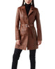 Brown Leather Trench Coat for Women Long Belted