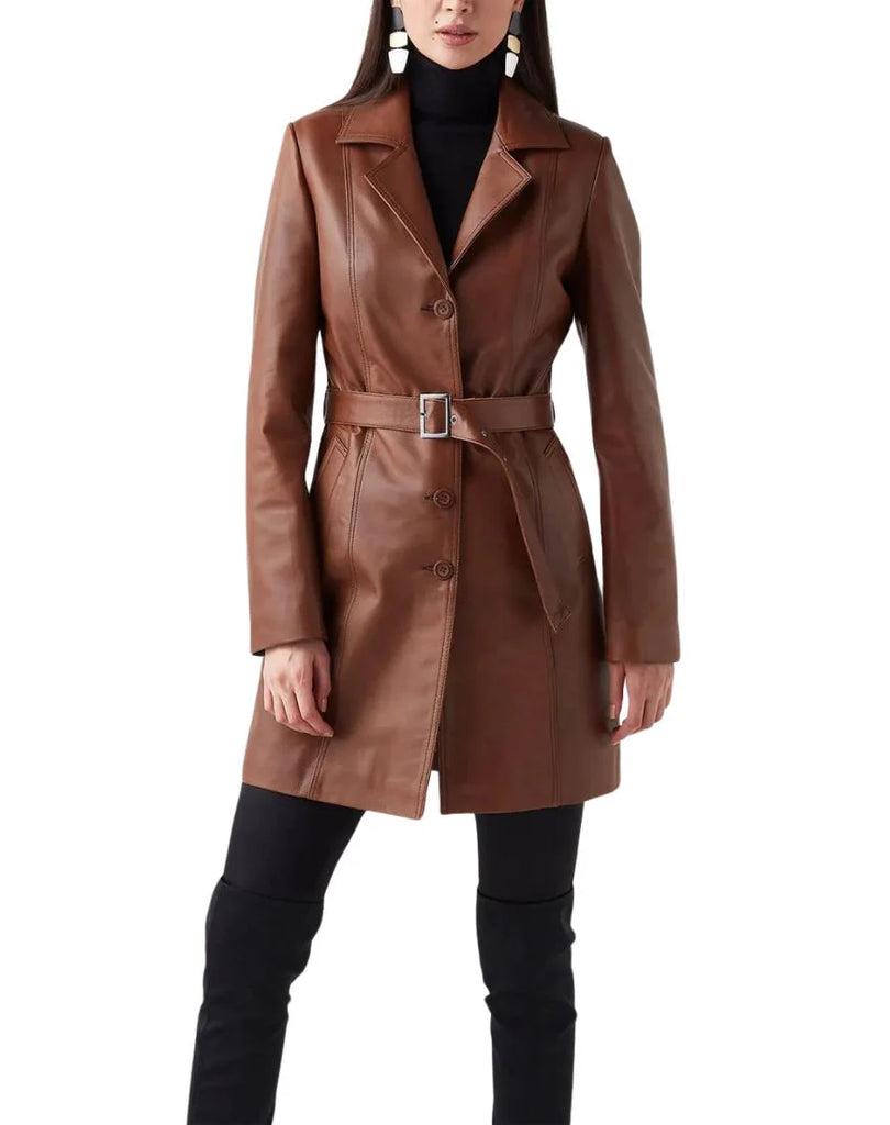 Brown Leather Trench Coat for Women Long Belted