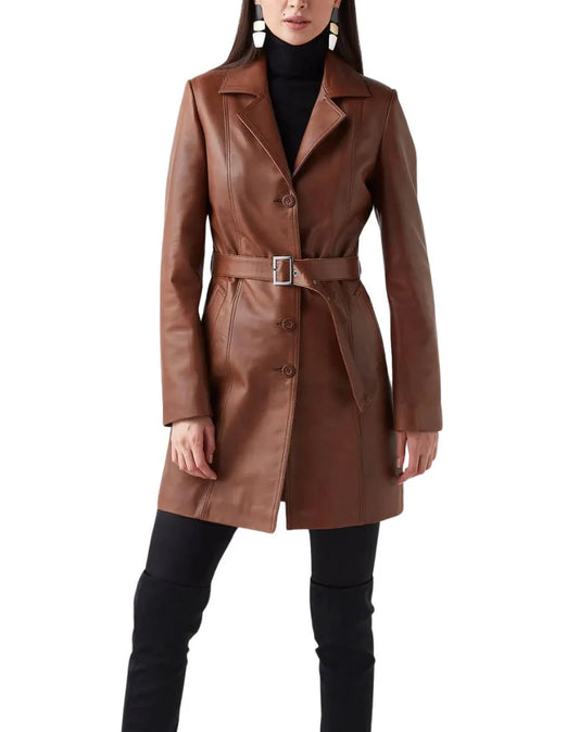 Brown Leather Trench Coat for Women Long Belted