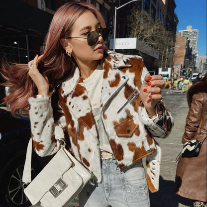 Brown white cowhide leather jacket for women