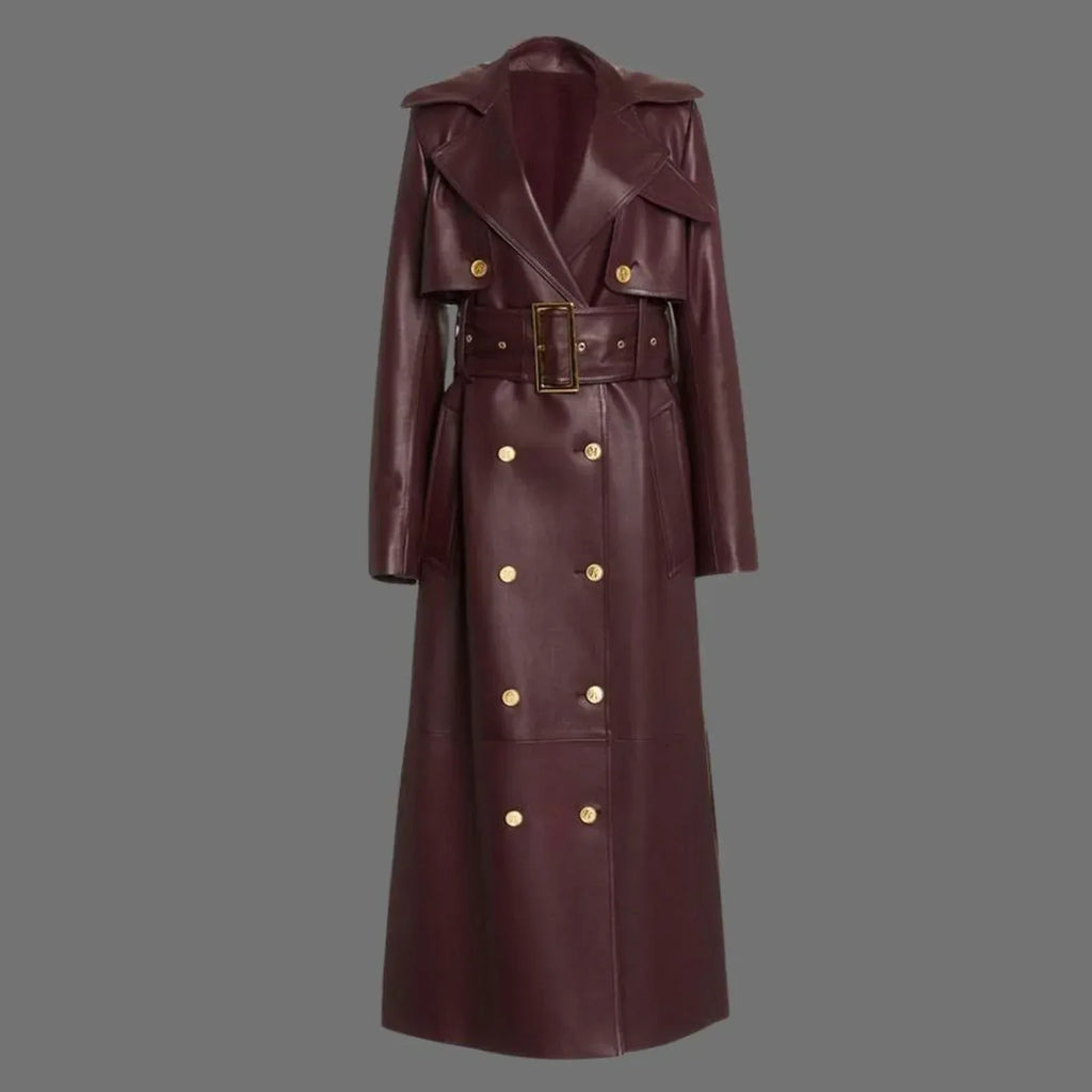 Burgundy Leather Trench Coat Womens Long Belted Coat