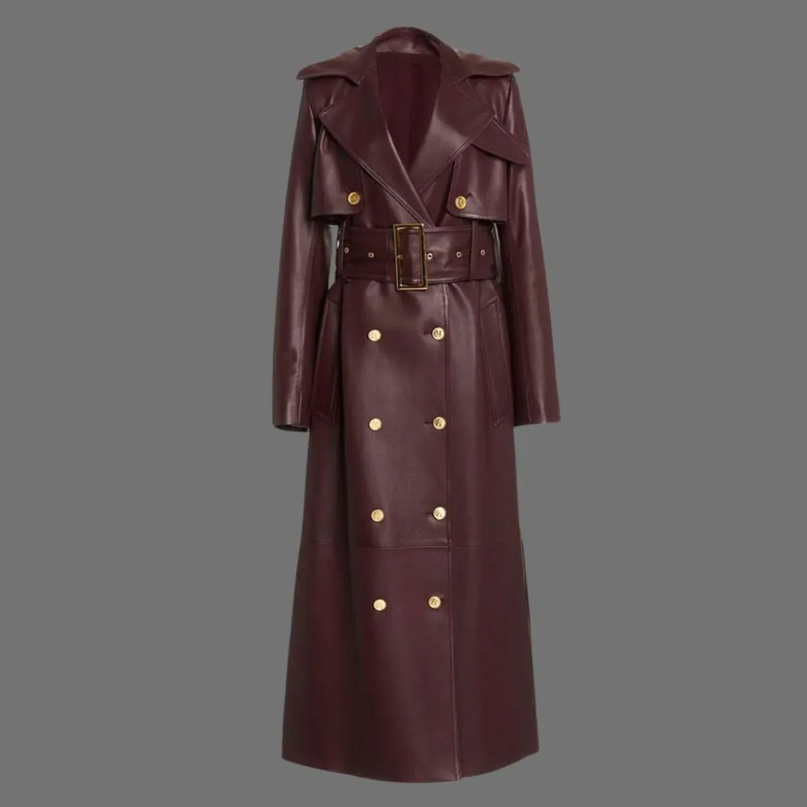 Burgundy Leather Trench Coat Womens Long Belted Coat