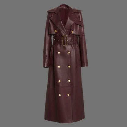 Burgundy Leather Trench Coat Womens Long Belted Coat