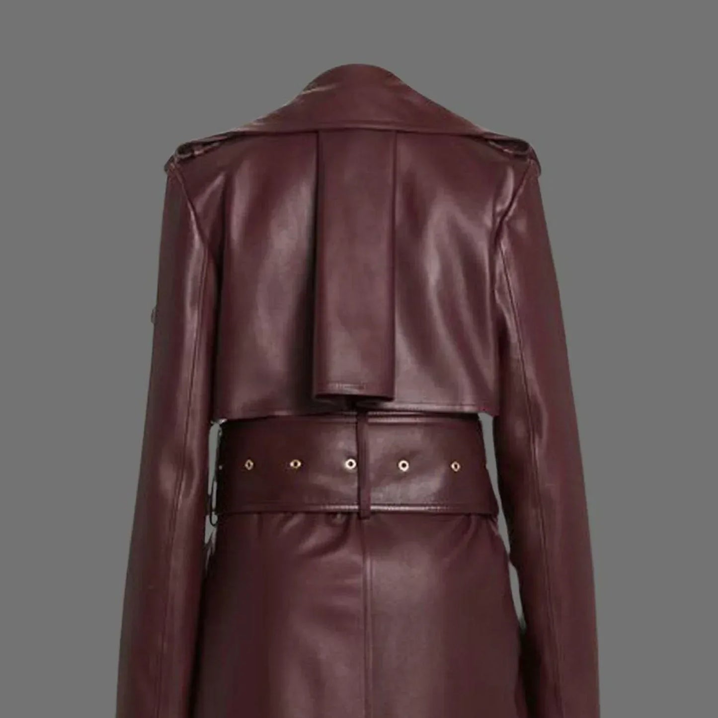 Burgundy Leather Trench Coat Womens Long Belted Coat
