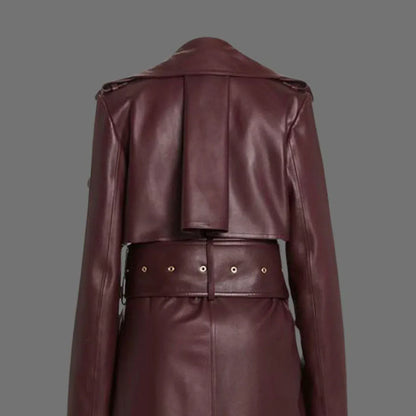 Burgundy Leather Trench Coat Womens Long Belted Coat