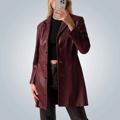 Burgundy Leather Trench Coat Womens Long Maroon Coat