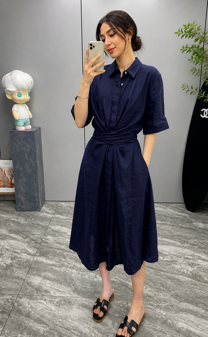 linen midi dress with waist tie breathable summer