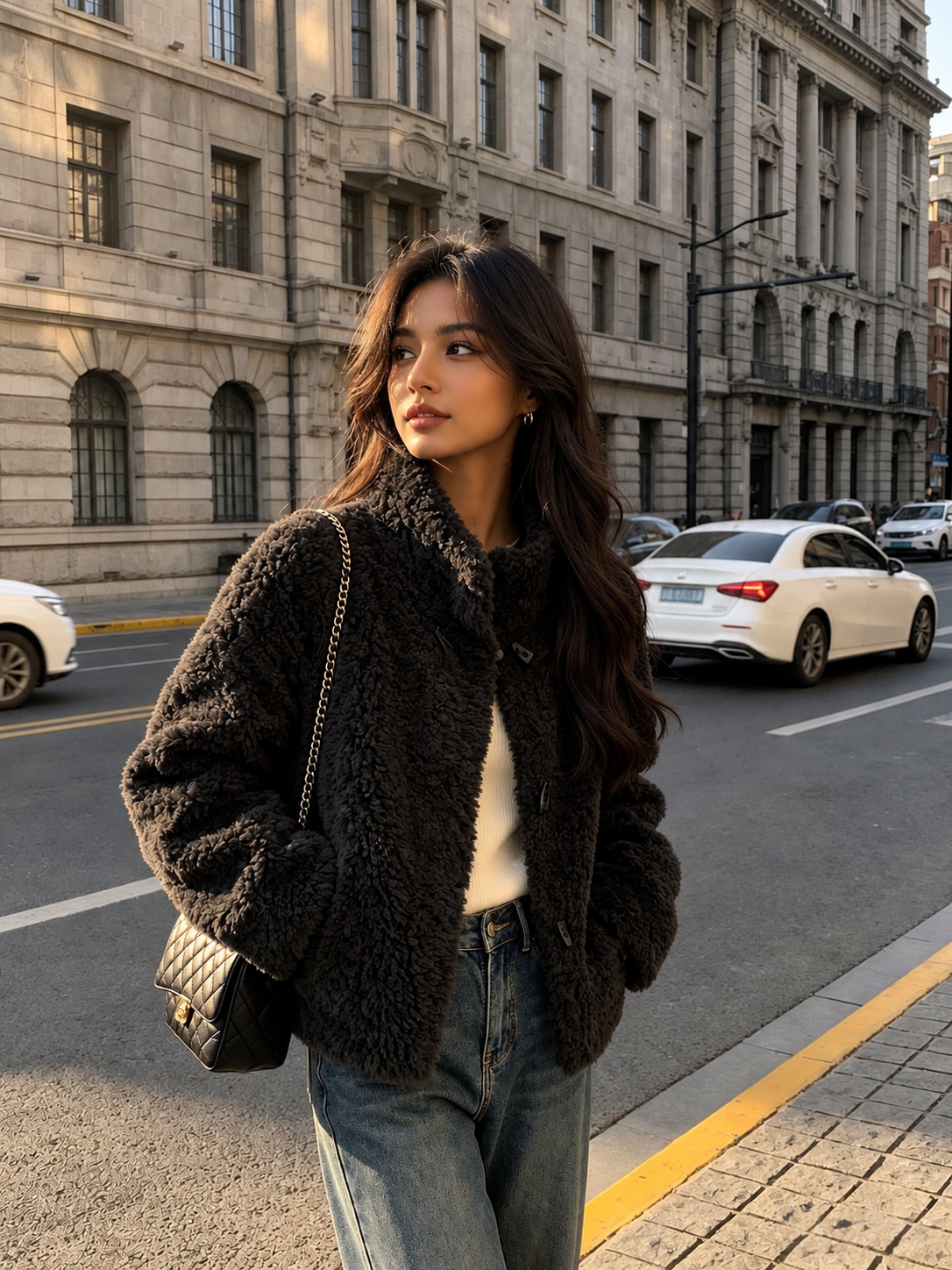 Women's Shearling Jacket with Stand Collar Short Winter Style 2 Small