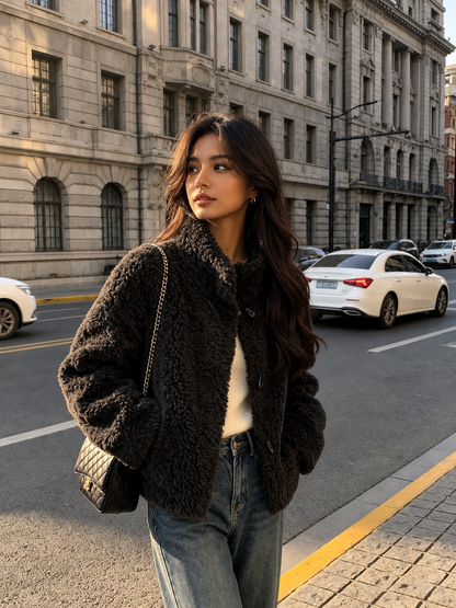Women's Shearling Jacket with Stand Collar Short Winter Style 2 Small