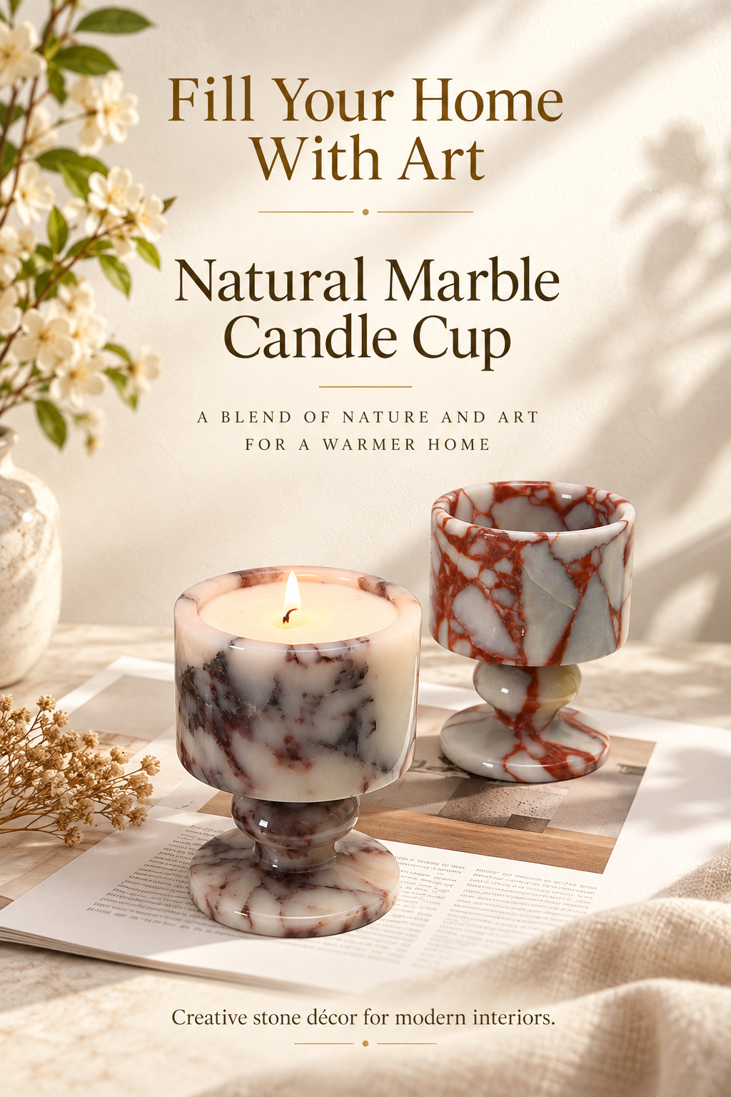 Natural Marble Goblet Candle Holder with Rounded Stem and Red Veining