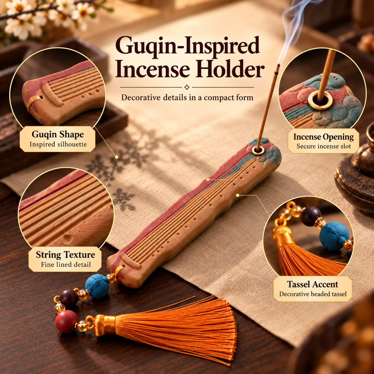 Incense Stick Holder Guqin Inspired Decorative Tassel Tabletop Accent