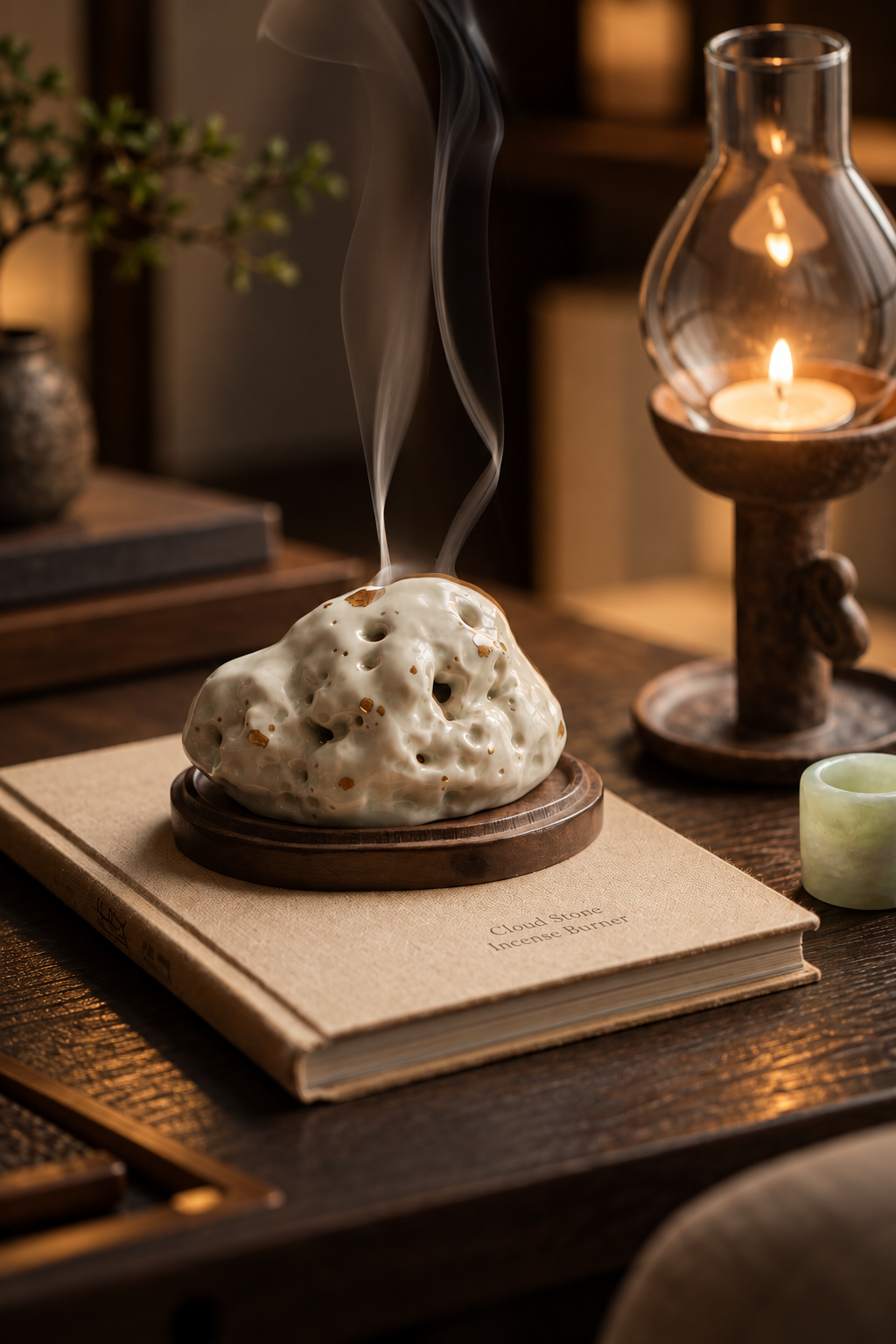 Ceramic Incense Burner with Wooden Base and Stone-Inspired Design