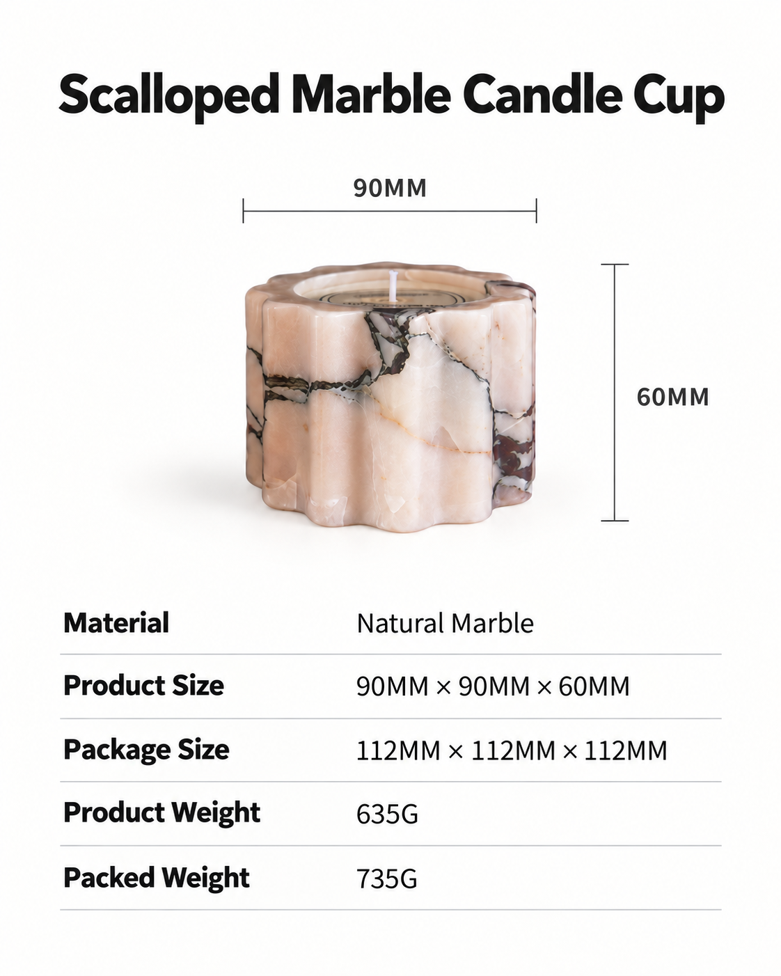 Scalloped Pink Marble Candle Holder with Floral Edges and Black Veining