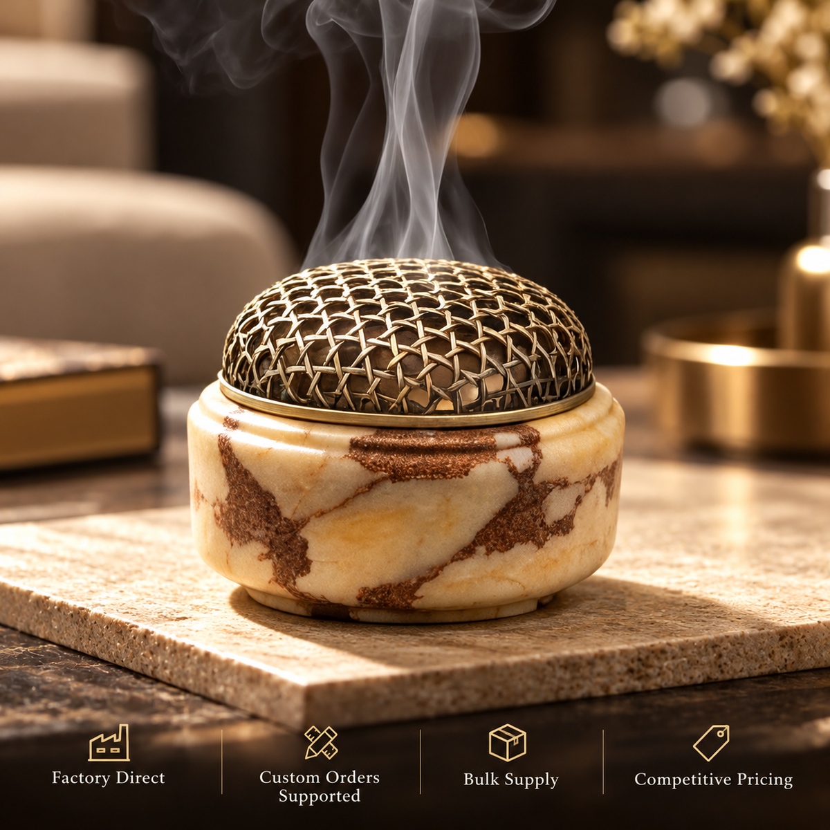 Incense Burner in Natural Marble with Decorative Metal Dome Lid