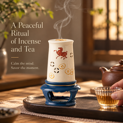 Ceramic Incense Burner with Crane Cutout Lid for Coil Incense