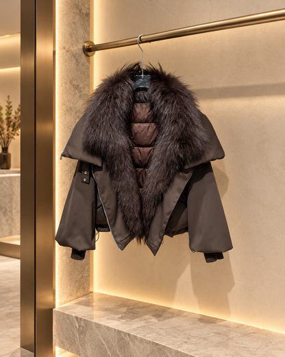 Women's Short Down Jacket with Detachable Raccoon Fur Collar 3 S
