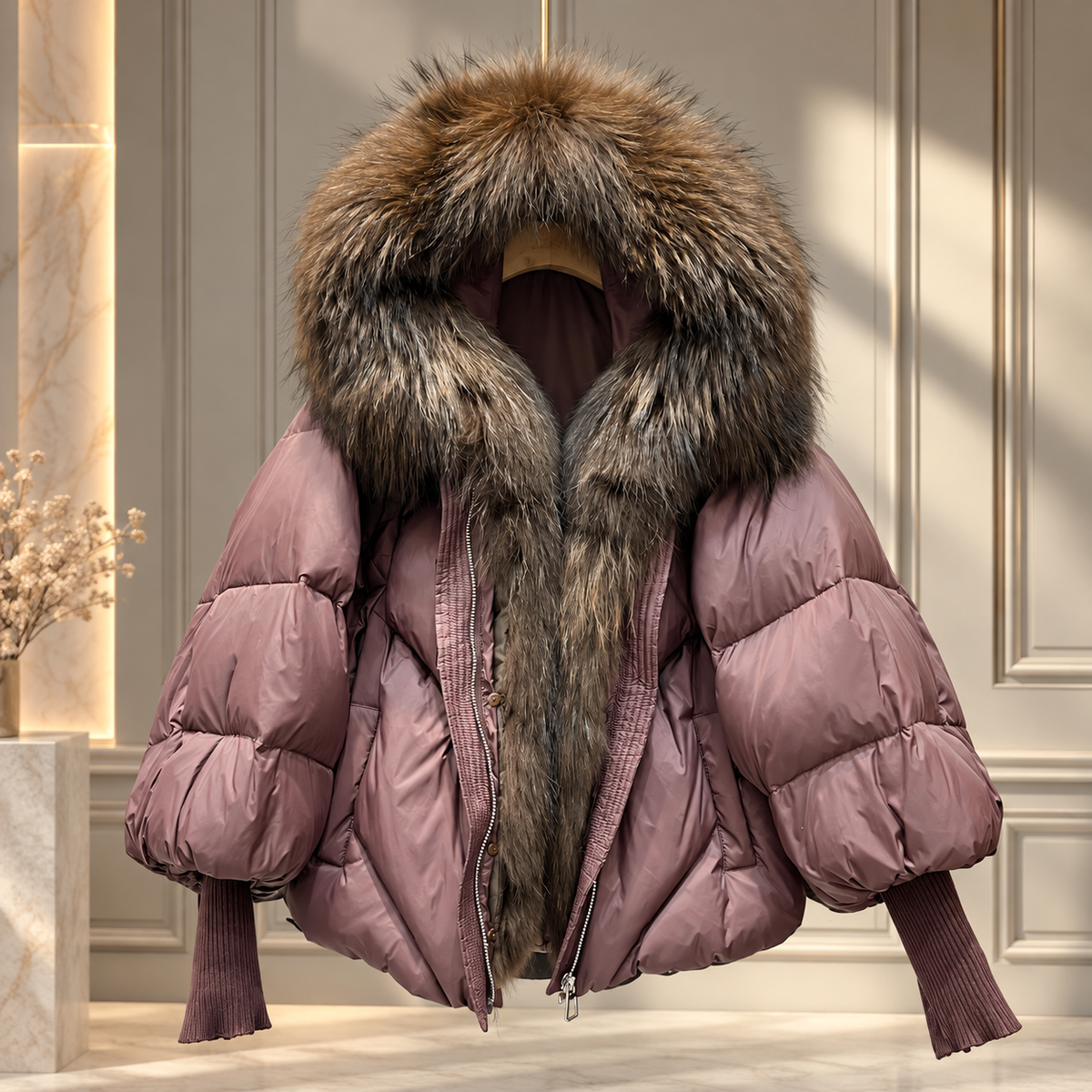 Women’s Down Jacket with Fur Collar and Relaxed Hooded Fit 6 S