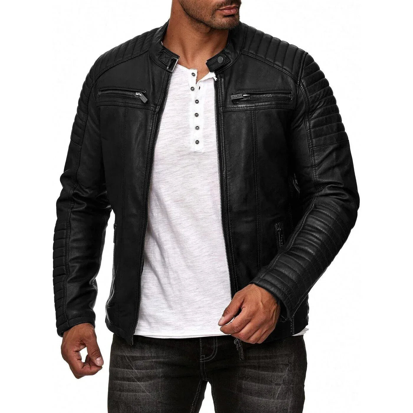 Mens Cafe Racer Leather Jacket Black Motorcycle Coat