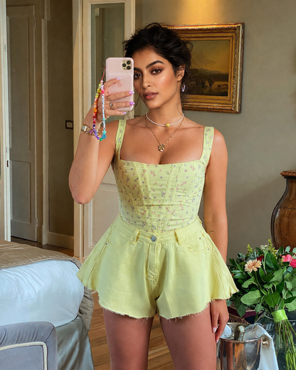 Green Floral Camisole | Floral camisole with green base and cropped length
