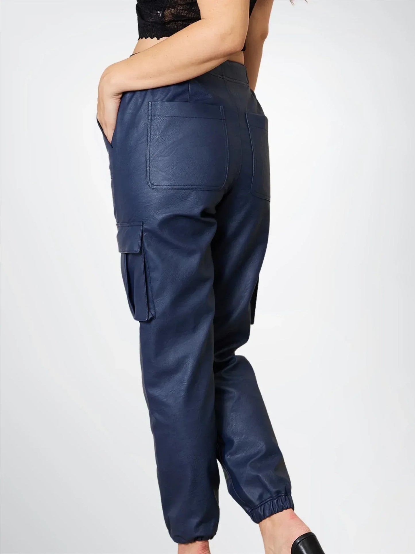 women genuine leather pants sheepskin cargo high waist blue