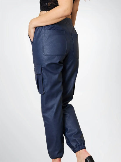 women genuine leather pants sheepskin cargo high waist blue