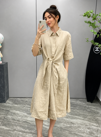 linen midi dress with waist tie breathable summer 3 M