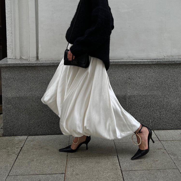 white balloon skirt high waist midi puffy flowy casual