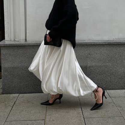 white balloon skirt high waist midi puffy flowy casual