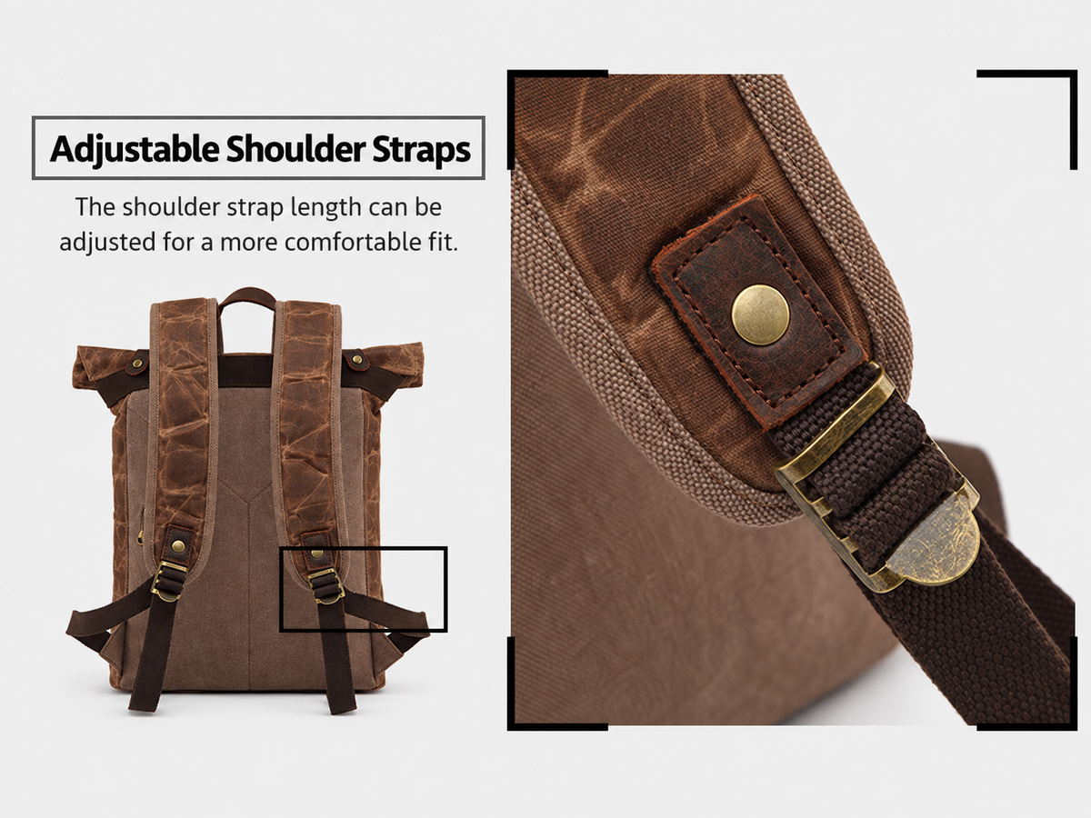 Waxed Canvas Backpack with Genuine Leather and Roll Top Design