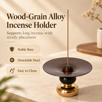 Incense Stick Holder with Wood Grain Alloy Tray and Detachable Head