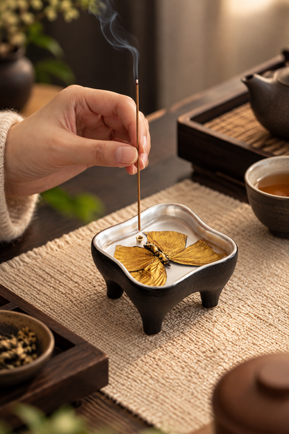 Stick Incense Holder with Butterfly Design and Decorative Tray