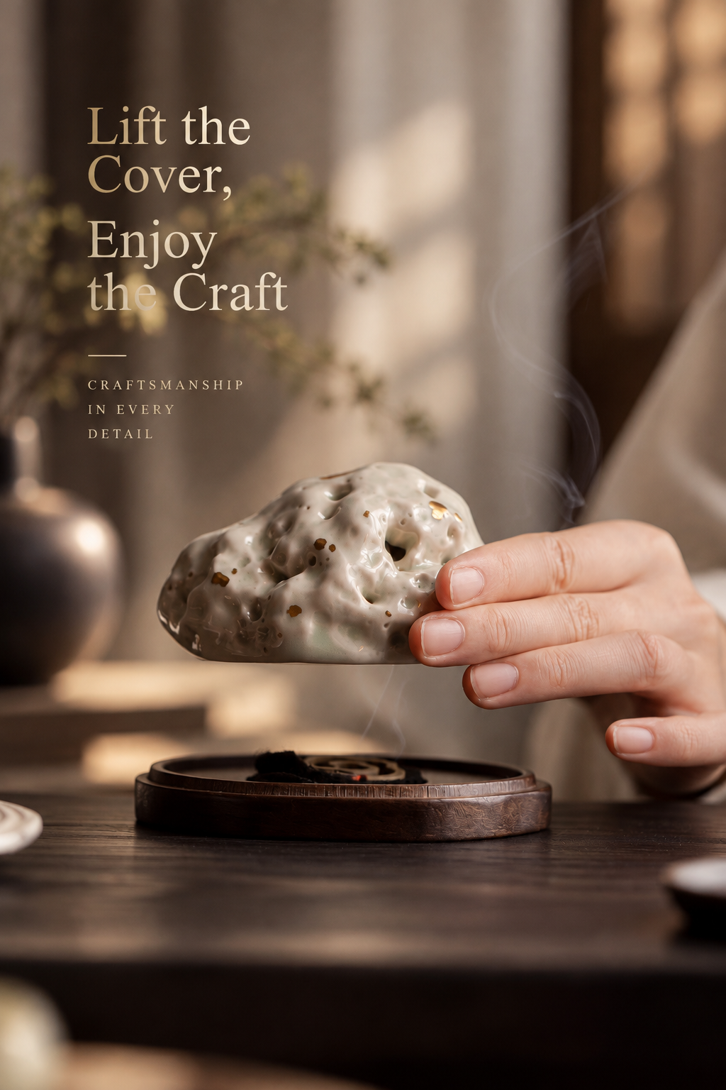 Ceramic Incense Burner with Wooden Base and Stone-Inspired Design