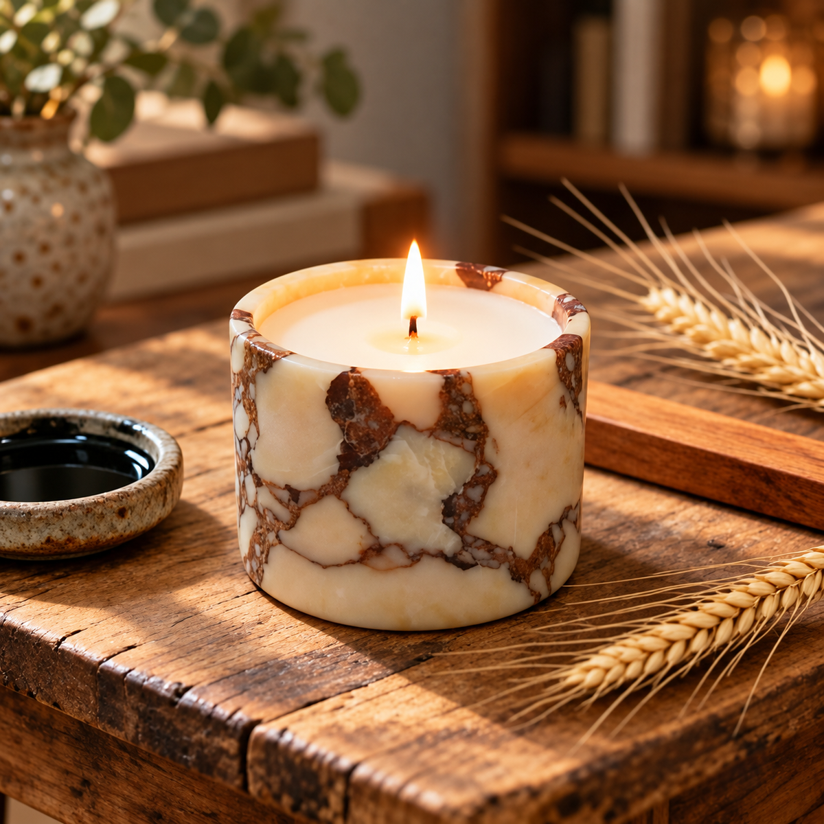 Cream Marble Candle Jar with Removable Lid and Brown Veining