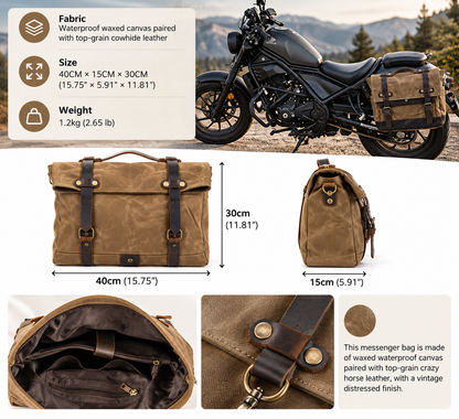 Canvas Motorcycle Saddlebag with Waxed Finish and Cowhide Leather Straps