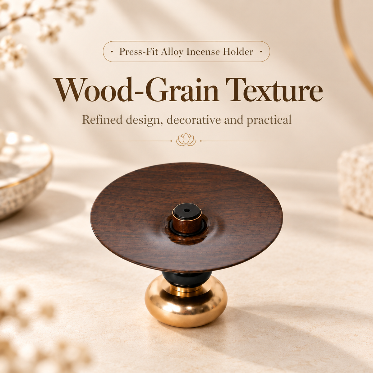 Incense Stick Holder with Wood Grain Alloy Tray and Detachable Head