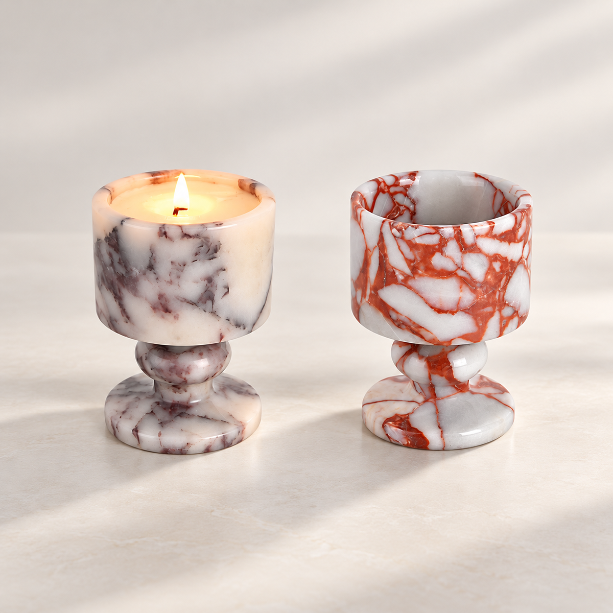 Natural Marble Goblet Candle Holder with Rounded Stem and Red Veining