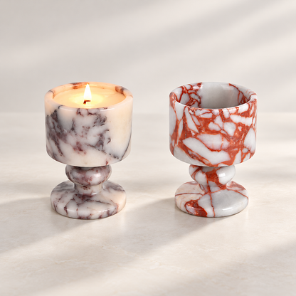 Natural Marble Goblet Candle Holder with Rounded Stem and Red Veining