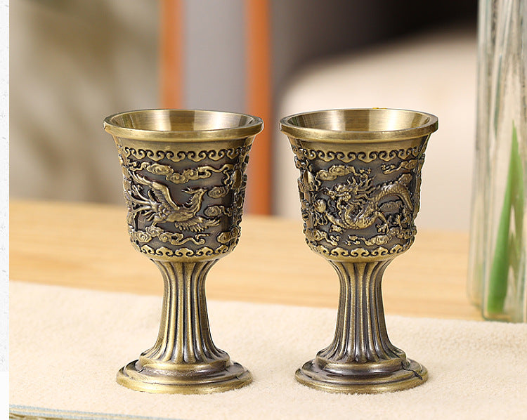 Bronze dragon phoenix wine cup set vintage zinc alloy goblets