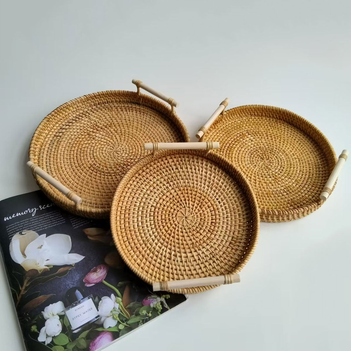 Round rattan tray set with white handles