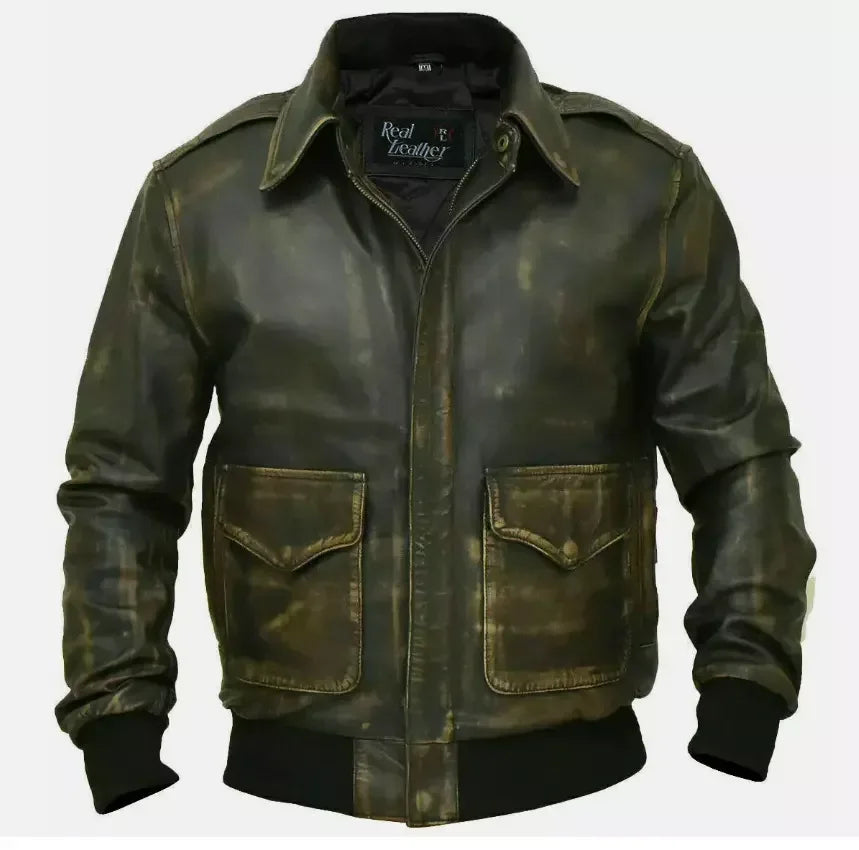 Leather Flight Jacket for Men with Distressed Vintage Bomber Design