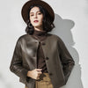 Round neck cropped sheepskin leather jacket