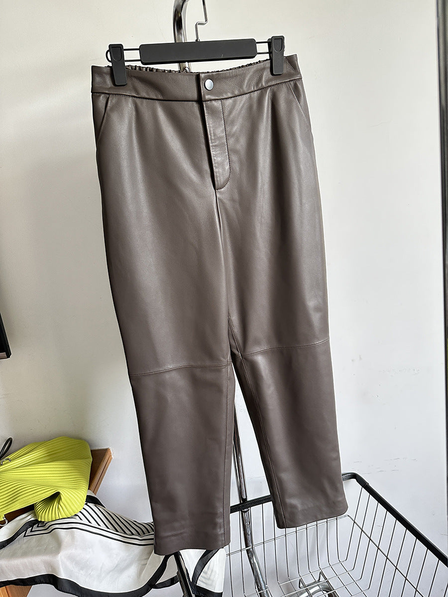 Womens genuine leather high waisted cropped pants Coffee Brown S
