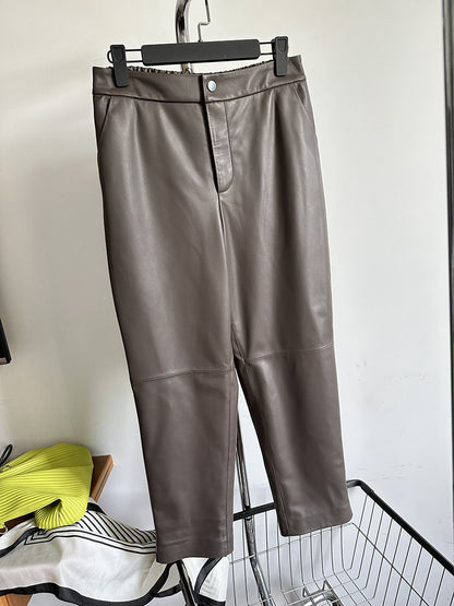 Womens genuine leather high waisted cropped pants Coffee Brown S