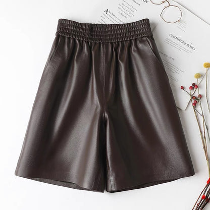 High waisted genuine sheepskin wide leg shorts Coffee Brown M